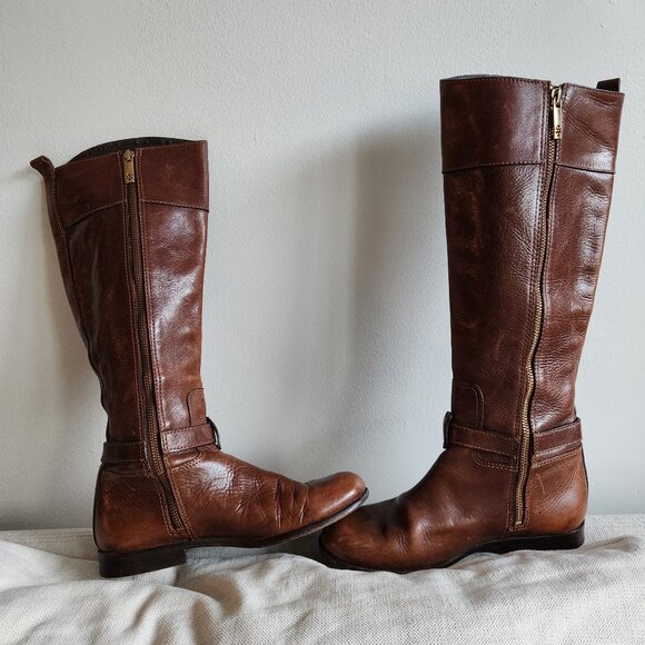 Sz7 Tory Burch Patterson Brown Leather Riding Boots with Gold Medallion Logo - Picture 3 of 13